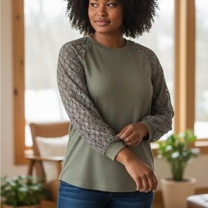 Miholl Women's Pullover Long Sleeve Top Lace Olive Green Waffle Knit Size XL